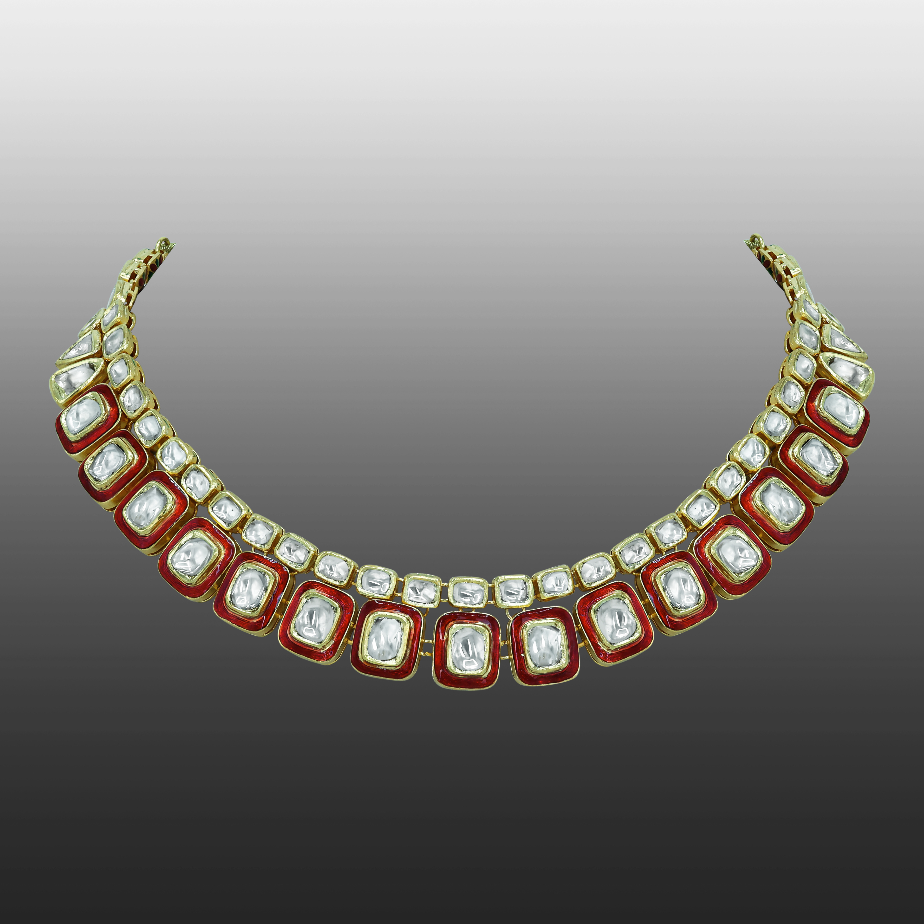 Square and Rectangular Polki Necklace with Red Enamel